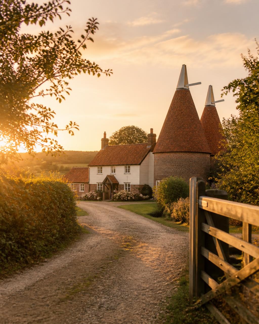Kent countryside lane at golden hour leading to an oast house — web design for Kent small businesses
